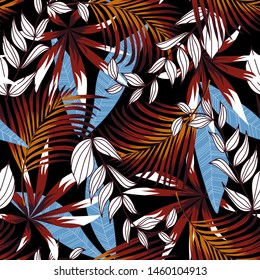 Trending abstract seamless pattern with colorful tropical leaves and plants on black background. Vector design. Jungle print. Flowers background. Printing and textiles. Exotic tropics. Fresh design.