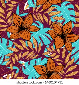 Trending abstract seamless pattern with colorful tropical leaves and flowers on purple background. Vector design. Jungle print. Flowers background. Printing and textiles. Exotic tropics. Fresh design.