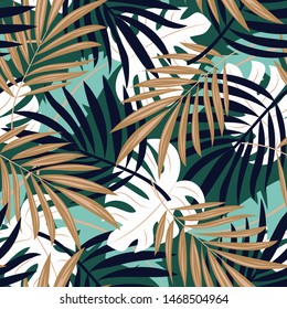 Trending abstract seamless pattern with colorful tropical leaves and plants on green background. Vector design. Jungle print. Floral background. Printing and textiles. Exotic tropics. Summer.