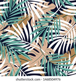 Trending abstract seamless pattern with colorful tropical leaves and plants on black background. Vector design. Jungle print. Floral background. Printing and textiles. Exotic tropics. Summer.