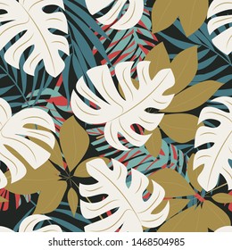 Trending abstract seamless pattern with colorful tropical leaves and plants on a dark background. Vector design. Jungle print. Floral background. Printing and textiles. Exotic tropics. Summer.