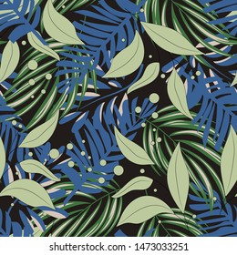 Trending abstract seamless pattern with colorful tropical leaves and plants on brown background. Vector design. Jungle print. Floral background. Printing and textiles. Exotic tropics. Summer.