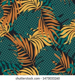 Trending abstract seamless pattern with colorful tropical leaves and plants on black background. Vector design. Jungle print. Floral background. Printing and textiles. Exotic tropics. Summer.