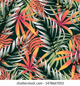 Trending abstract seamless pattern with colorful tropical leaves and plants on green background. Vector design. Jungle print. Floral background. Printing and textiles. Exotic tropics. Summer.