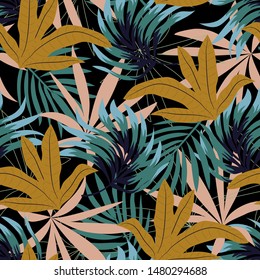 Trending abstract seamless pattern with colorful tropical leaves and plants on blue background. Vector design. Jungle print. Floral background. Printing and textiles. Exotic tropics. Summer.