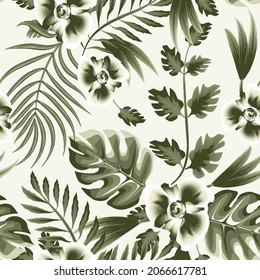 Trending abstract seamless pattern with elegance tropical monstera leaves, palm leaf and plants on white background. Vector design. Jungle print. Floral background. Exotic tropics. summer