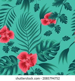 Tendencia de un patrón abstracto sin fisuras con hojas de palma de monstera tropical verde y hojas de flores abstractas rojas en un fondo delicado. Diseño de vectores. Impresión de la jungla. Fondo floral. Verano exótico