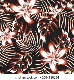 Trending abstract seamless pattern with monochromatic color style tropical leaves and plants on night background. Vector design. Jungle print. Floral background. Exotic tropics. Summer themed design