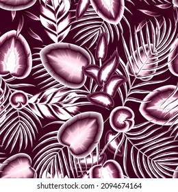 Trending abstract seamless pattern with monochromatic tropical calla palm leaves and plants foliage on dark background. Vector design. Jungle print. Floral background. Exotic tropics. Summer themed