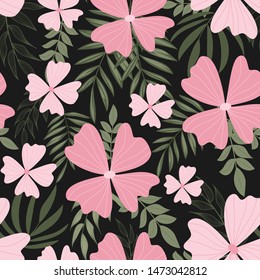 A trending abstract seamless pattern with tropical leaves and bright colors on a dark background. The seal of the jungle. Vector design. On a floral background. Textiles and printing. Exotic, tropical