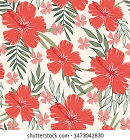 A trending abstract seamless pattern with tropical leaves and bright colors on a delicate background. The seal of the jungle. Vector design. On a floral background. Textiles and printing. Exotic, trop