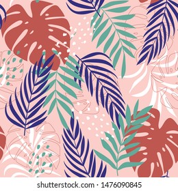 A trending abstract seamless pattern with tropical leaves and bright plants on a pink background. Print of the jungle. Vector design. On a floral background. Textiles and printing. Exotic, tropical.