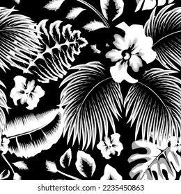 Trending abstract seamless pattern with vintage tropical leaves and flowers plants foliage on dark background. Vector design. Jungle print. Floral background. Printing textile. Exotic tropics. Summer