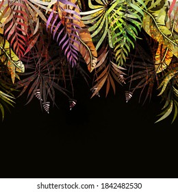 Trending abstract tropical pattern with bright leaves and plants on a dark background. Vector design. Jungle print.