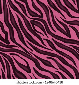 Trending animak skin pattern: tiger or zebra. Bright dark stripes on pink bacground.