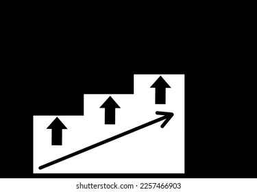 Trending up arrow, sign of growth and progress. Black and white background.