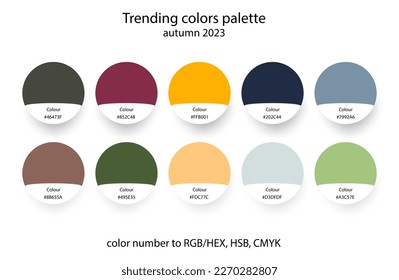 Trending autumn colors palette of 2023 in RGB. Trend color guide collection in RGB, CMYK. Bright color set for fashion, home interior, design.