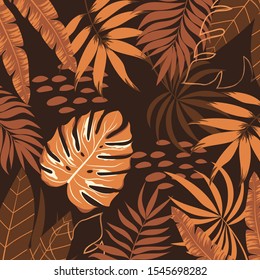 Trending background with tropical leaves in brown tones. Creative abstract background with tropical plants and leaves. Vector background for various surface. 