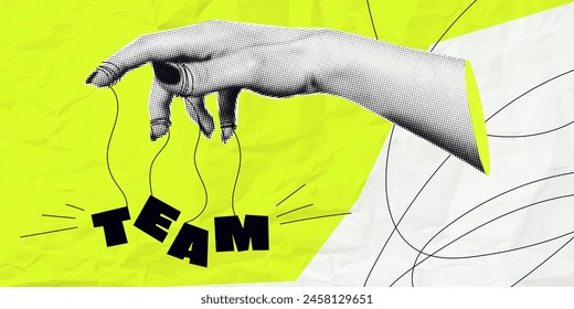 A trending banner with a cool team management concept. Halftone puppeteer hand controls team. Contemporary collage on background with crumpled paper. 