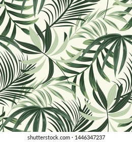 Tendencia de fondo brillante sin fisuras con hojas tropicales coloridas y plantas sobre fondo claro. Diseño de vectores. Impresión de selva. Fondo floral. Impresión y textiles. Tropos exóticos. Diseño fresco.