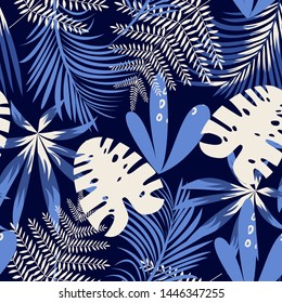 Trending bright seamless background with colorful tropical leaves and plants on dark background. Vector design. Jungle print. Floral background. Printing and textiles. Exotic tropics. Fresh design.