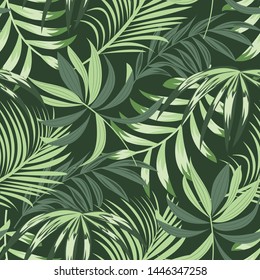 Trending bright seamless background with colorful tropical leaves and plants on green background. Vector design. Jungle print. Floral background. Printing and textiles. Exotic tropics. Fresh design.
