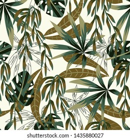Trending bright seamless pattern with colorful tropical leaves and plants on a light background. Vector design. Jungle print. Floral background. Printing and textiles. Exotic tropics. Summer design.