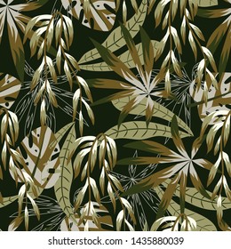 Trending bright seamless pattern with colorful tropical leaves and plants on a dark background. Vector design. Jungle print. Floral background. Printing and textiles. Exotic tropics. Summer design.