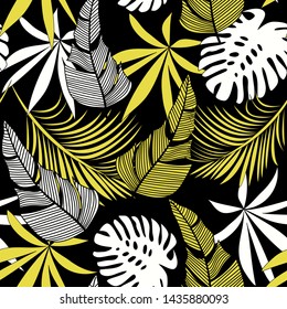 Trending bright seamless pattern with colorful tropical leaves and plants on black background. Vector design. Jungle print. Floral background. Printing and textiles. Exotic tropics. Summer design.