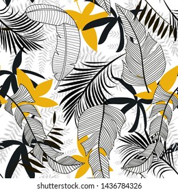 Trending bright seamless pattern with colorful tropical leaves and plants on white background. Vector design. Jungle print. Floral background. Printing and textiles. Exotic tropics. Summer design.