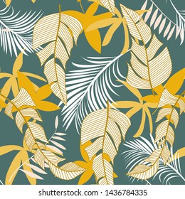 Trending bright seamless pattern with colorful tropical leaves and plants on green background. Vector design. Jungle print. Floral background. Printing and textiles. Exotic tropics. Summer design.