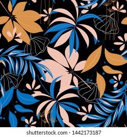 Trending bright seamless pattern with colorful tropical leaves and plants on black background. Vector design. Jungle print. Floral background. Printing and textiles. Exotic tropics. Summer design.