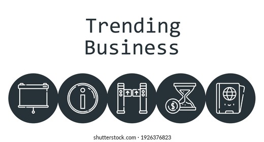 trending business background concept with trending business icons. Icons related turntiles, passport, projector, hourglass, info