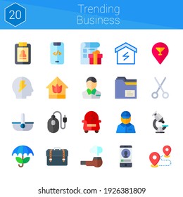 trending business icon set. 20 flat icons on theme trending business. collection of delivery man, basket, smartphone, brainstorm, umbrella, briefcase, pharmacist, destination
