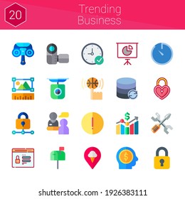 trending business icon set. 20 flat icons on theme trending business. collection of data, 3d printing handheld scanner, scale, pie chart, employee, tools, skills, password