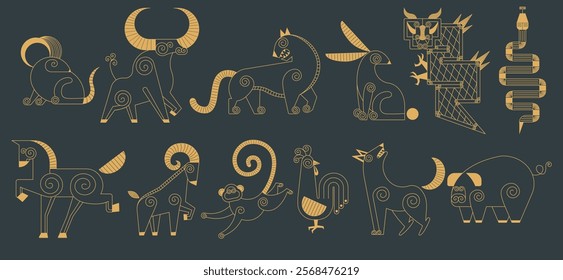 Trending Chinese new year horoscope animal icons gold on dark background set.  Chinese zodiac calendar logo, Asian lunar astrological signs. Linear simple minimalistic locational style.  