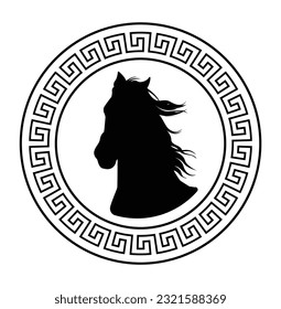 Trending circular design with horse head sketch art with the fluttering hair for stamps, logo, tattoos, and printing