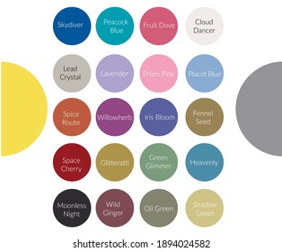 Trending colors of the 2021 year. Yellow, grey, color palette, swatches 2021. Illuminating, ultimate grey, space cherry, glitteratti, oil green, green glimmer, heavenly, wild ginger, moonless night