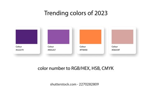 Trending colors of 2023 in RGB. Trend color guide collection. Bright color set for fashion, home interior, design.