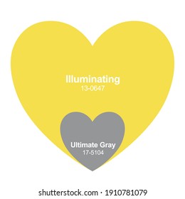 Trending Colors of the Year 2021. Ultimate Gray and Illuminating, vector background with heart frame.