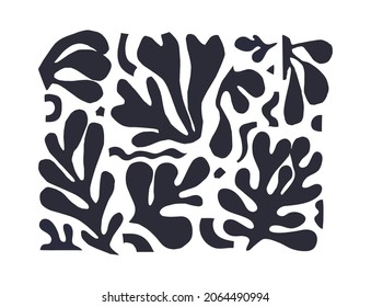 Trending composition of abstract plants, algae inspired by Matisse. Collage scraps of cut paper. Vector illustration black on white scraps from paper isolated.