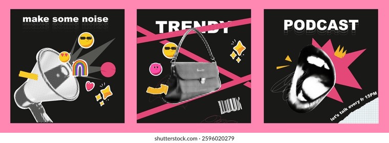 Trending covers for the podcast. With collage and hand-cut halftone style. Stickers with emoji and torn paper. Vector illustration banner. 