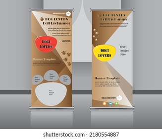 Trending Dog pet exhibition roll up banner template.brown colour and fully marketting purpose design.attractive standee vertical banner.