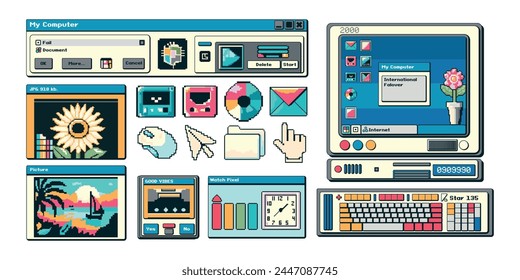 Trending elements of the computer interface in the pixel art style of the 1990s, 2000s. A dialog box with a picture of a sunflower, a landscape of the sea.