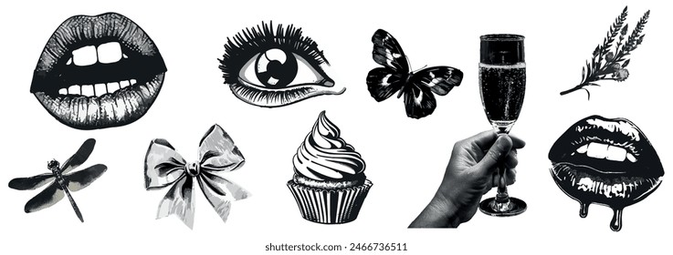 Trending elements eye, mouth, hand, cupcake, bow  with halftone stipple effect, for grunge punk y2k collage design. Pop art style dotted. Vector illustration for vintage emo gothic banner, music post 