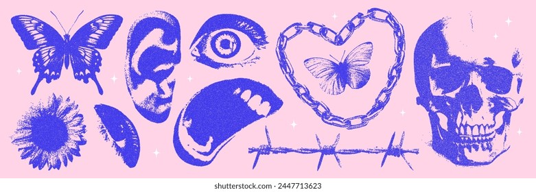 Trending elements with a photocopy and grain effect. Retro psychedelic style in an anti design concept. Skull, eye, ear, ear, lips, target, barbed wire. 