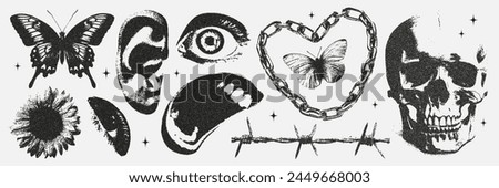 Trending elements with a photocopy and grain effect. Retro psychedelic style in an anti design concept. Skull, eye, ear, ear, lips, target, barbed wire.