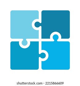 Trending flat corporate blue puzzle icon. Four blue puzzles explaining the concept of solution and strategy
