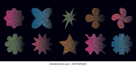 Trending geometric elements with a grainy texture. A set of halftones in the modern style of the 90s, 2000s. Vector illustration.
