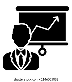 A trending graph presentation in background of a person, glyph icon design of business presentation and presenter